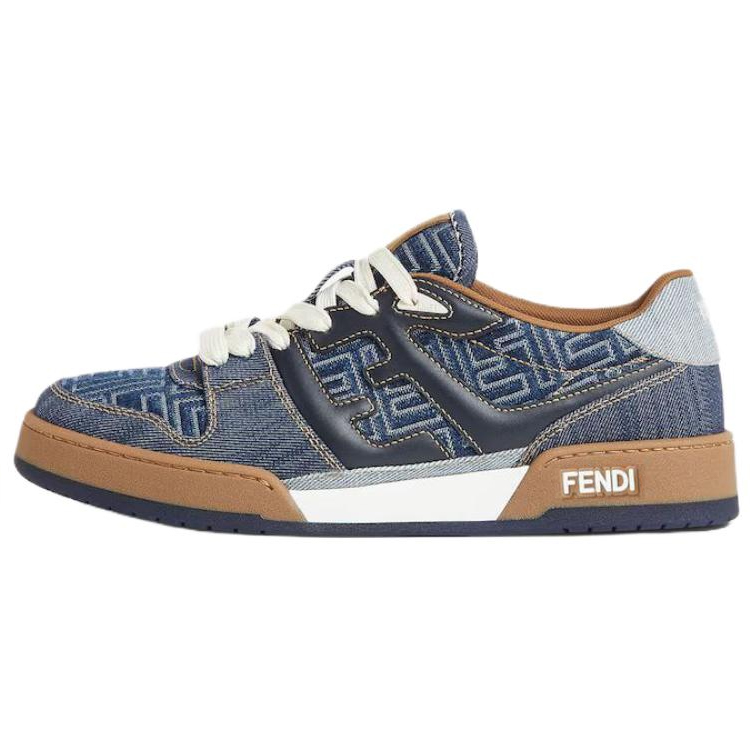 FENDI Match Blue Calfskin FF Jacquard Low-Top Lace-Up Sneakers for Men 7E1495AU2NF1SVJ