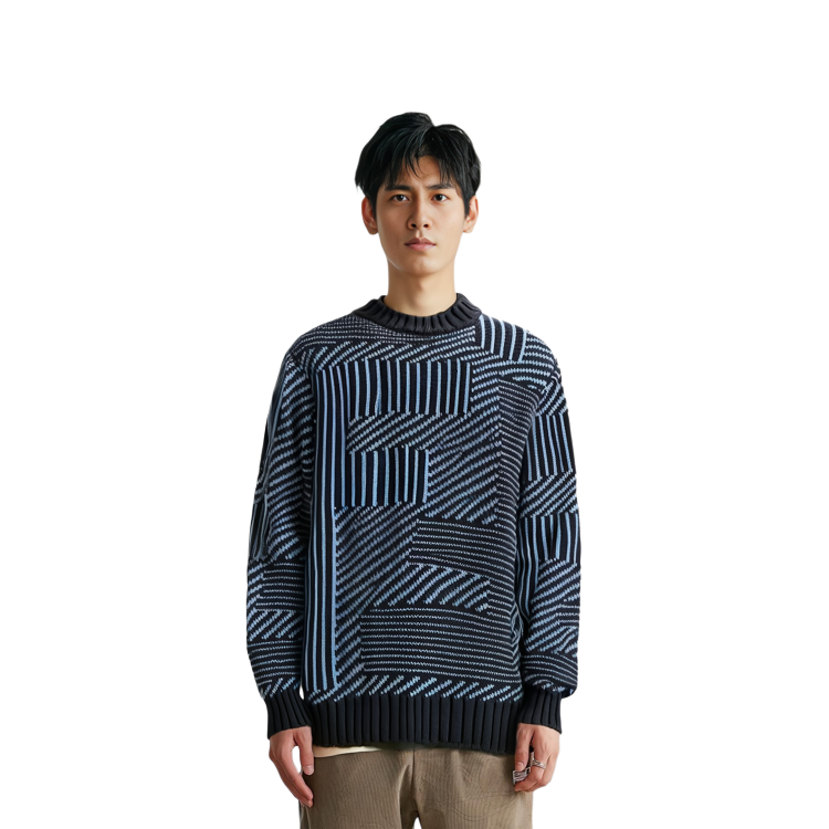 Shop FENDI 多色提花條紋圓領針織毛衣 海軍藍 男女穿搭 FAE549APPDF1Z85