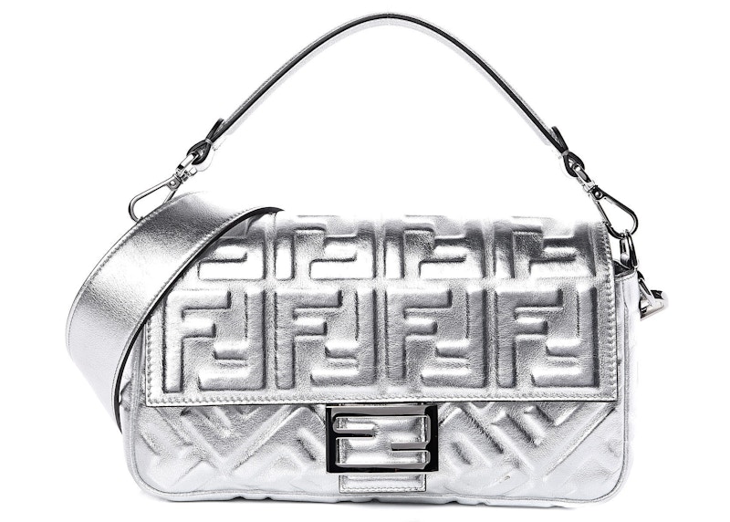 Fendi Silver Metallic Nappa Embossed Baguette Large Argento/Palladio