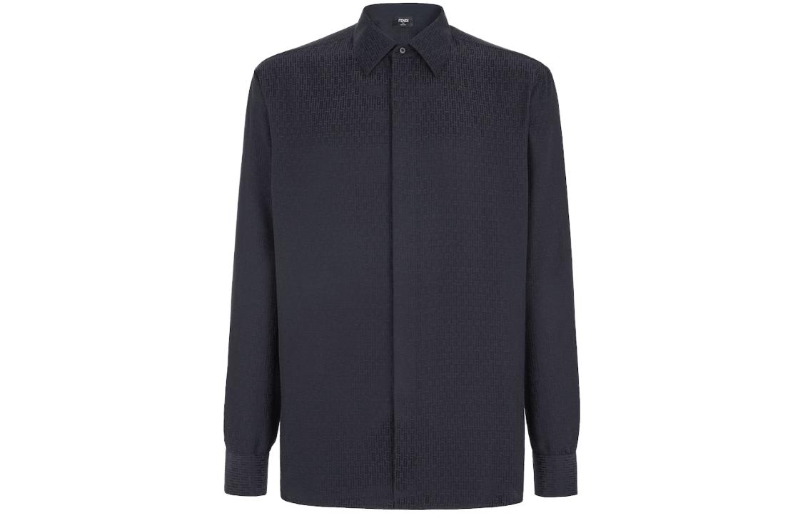 FENDI Solid Navy Blue Long Sleeve Polo Collar Shirt for Men. FS1038AQIFF03LQ