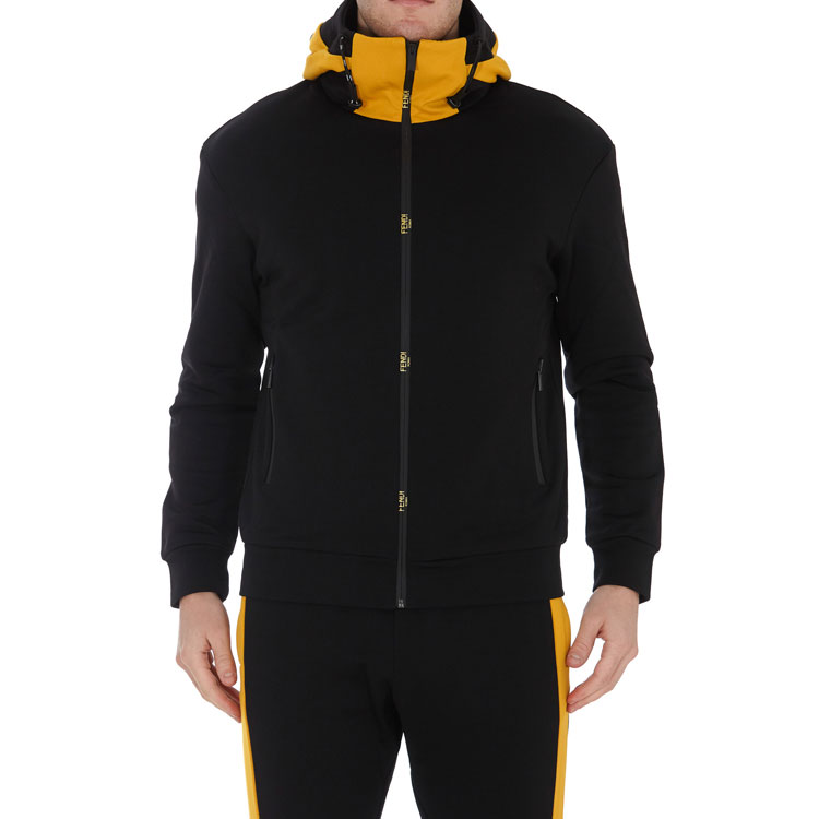 Shop FENDI 黑色拼接标志连帽外套 SS21 系列 FAF525AE8MF0G8T