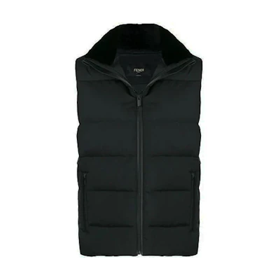 FENDI SS21 Black Hooded Down Vest with Zipper. FAA605-A54GF0GME
