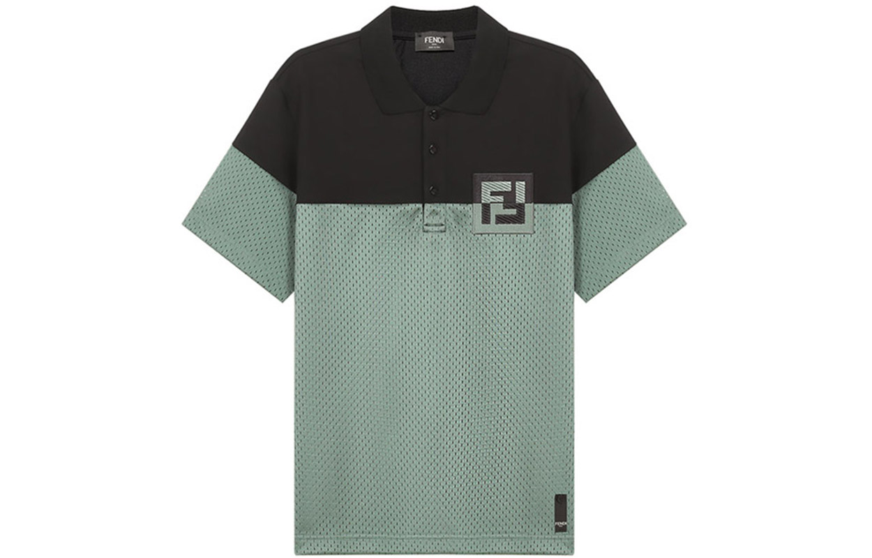 FENDI SS21 Embroidered Logo Hollow Short Sleeve Polo Men Black Sage Green. FAF632A52GF1DS9