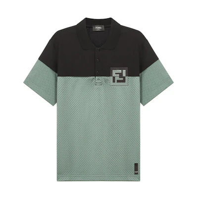 FENDI SS21 Embroidered Logo Hollow Short Sleeve Polo Men Black Sage Green. FAF632A52GF1DS9