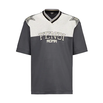 FENDI SS21 Grey Mesh Patchwork Letter Short Sleeve T-Shirt. FAF629A52EF1DS1