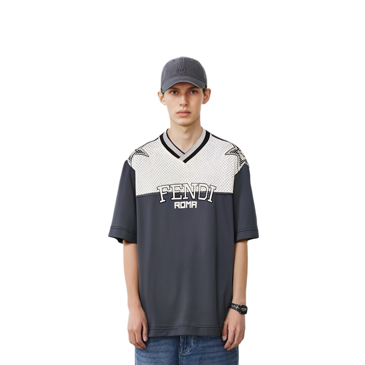 Purchase FENDI SS21灰色网眼拼接字母短袖T恤。 FAF629A52EF1DS1