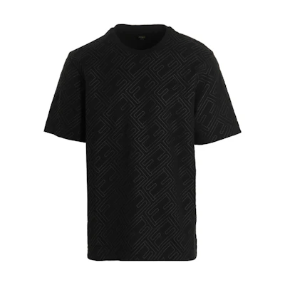 FENDI SS22 Black Knit Crewneck T-Shirt with All-Over Letter Print. FY0936AM7KF0QA1