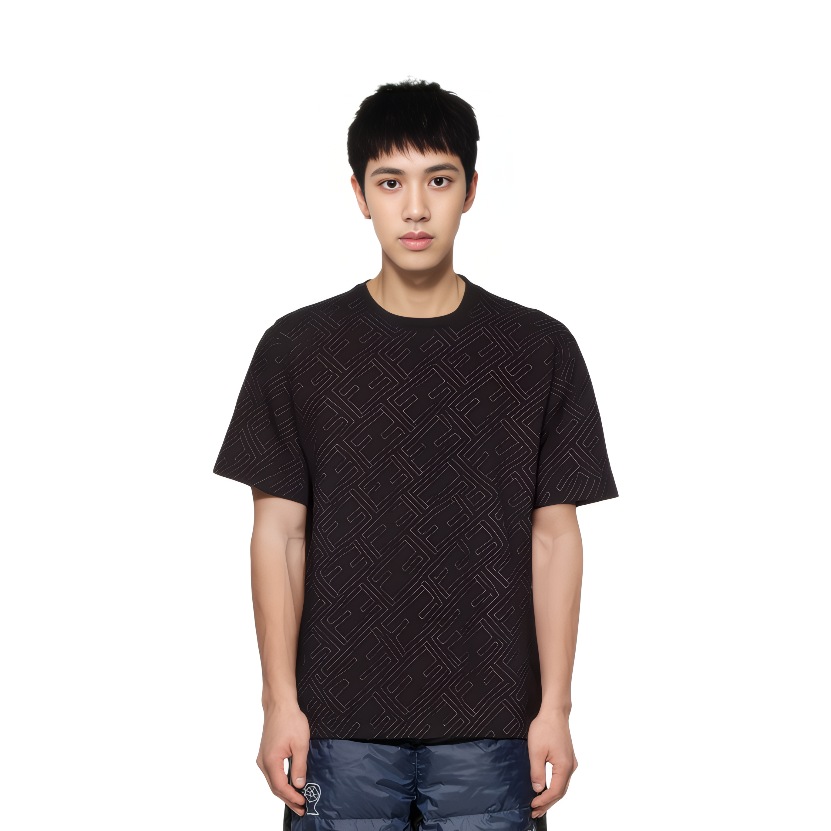 Shop フェンディ SS22 ブラック ニット クルーネック Tシャツ 総柄ロゴプリント FY0936AM7KF0QA1