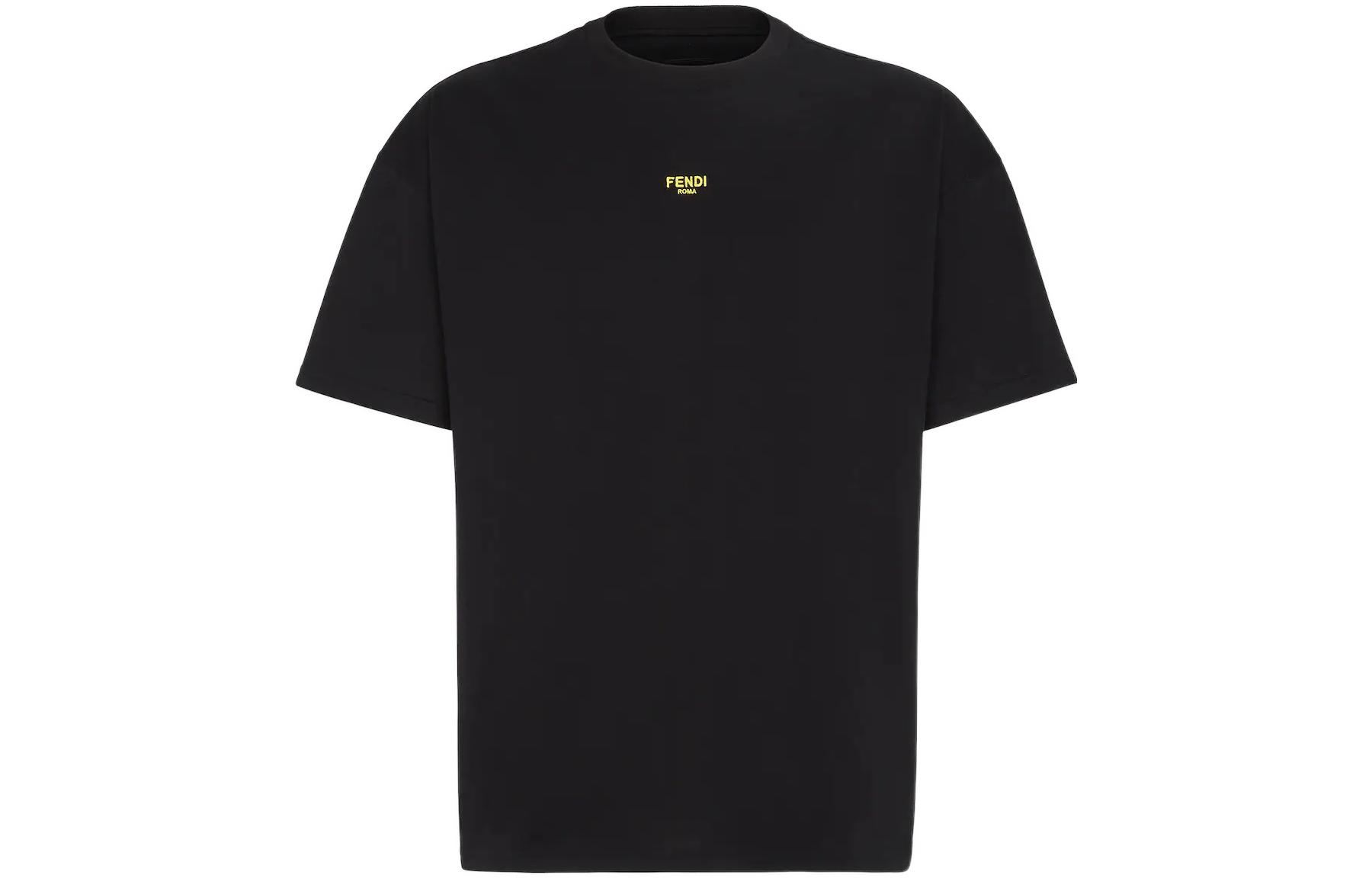 FENDI SS22  Black Logo Embroidered Crewneck T-Shirt. FY3936AILBF0QA1