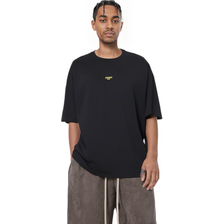 Cheap フェンディ SS22 ブラック ロゴ刺繍 クルーネック Tシャツ. FY3936AILBF0QA1