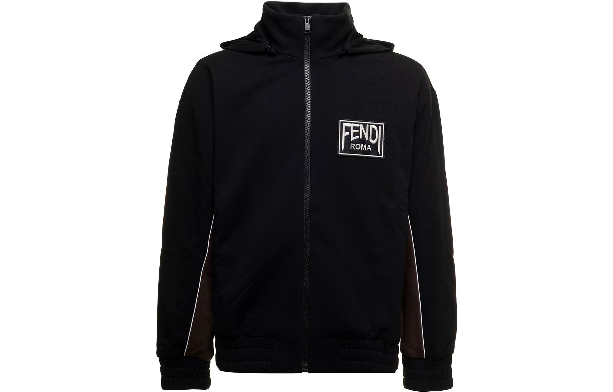 FENDI SS22  Black Logo Embroidered Zip-Up Hoodie Jacket FAF653AKH9F070V