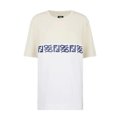 FENDI SS22 White Logo Print Colorblock Relaxed Fit T-Shirt. FY0936AIU8F0ZE0