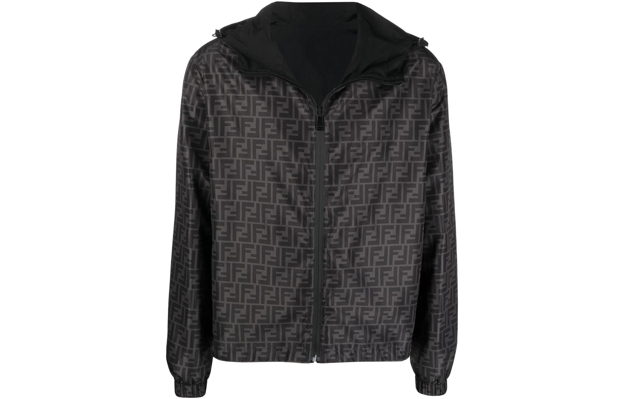 Fendi SS22 Black Monogram Logo Print Zip-Up Hoodie Jacket FAA615AKH1F0P9B