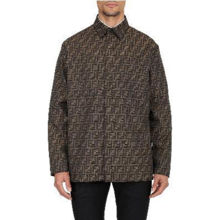 FENDI SS22 Brown Logo Print Single-Breasted Polo Collar Jacket for Men. FW1141A6WJF1440