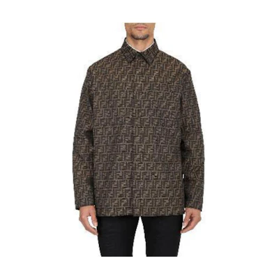 FENDI SS22 Brown Logo Print Single-Breasted Polo Collar Jacket for Men. FW1141A6WJF1440