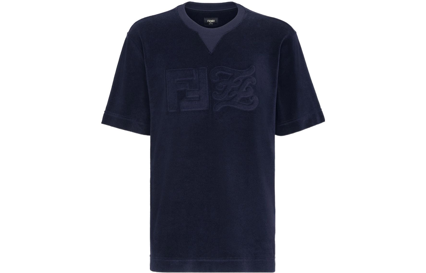 FENDI SS22 Embossed Logo Crewneck T-Shirt Blue  Tee. FY0936A9RUF0QA2