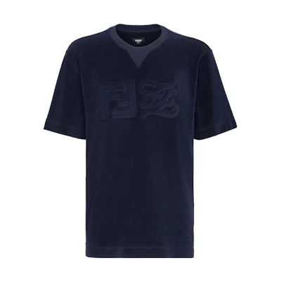 FENDI SS22 Embossed Logo Crewneck T-Shirt Blue Tee. FY0936A9RUF0QA2
