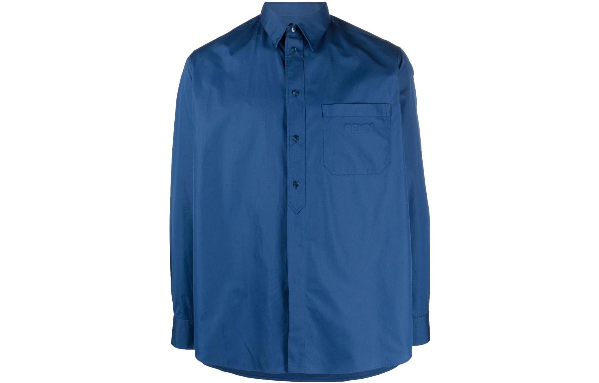 FENDI SS22 Embossed Logo Long Sleeve Shirt Blue for Men. FS1018AITBF0H5A