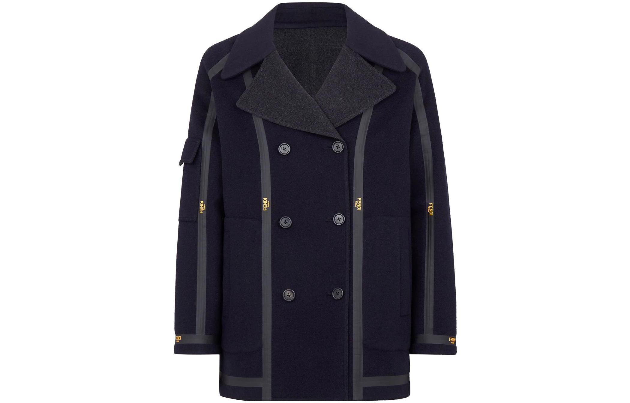 Fendi SS22 Logo Tape Double-Breasted Leather Collar Jacket Men Blue Black FF0374ADT0F03N4