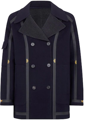 Fendi SS22 Logo Tape Double-Breasted Leather Collar Jacket Men Blue Black FF0374ADT0F03N4 Buy Fendi SS22 Logo Tape Double-Breasted Leather Collar Jacket Men Blue Black FF0374ADT0F03N4
