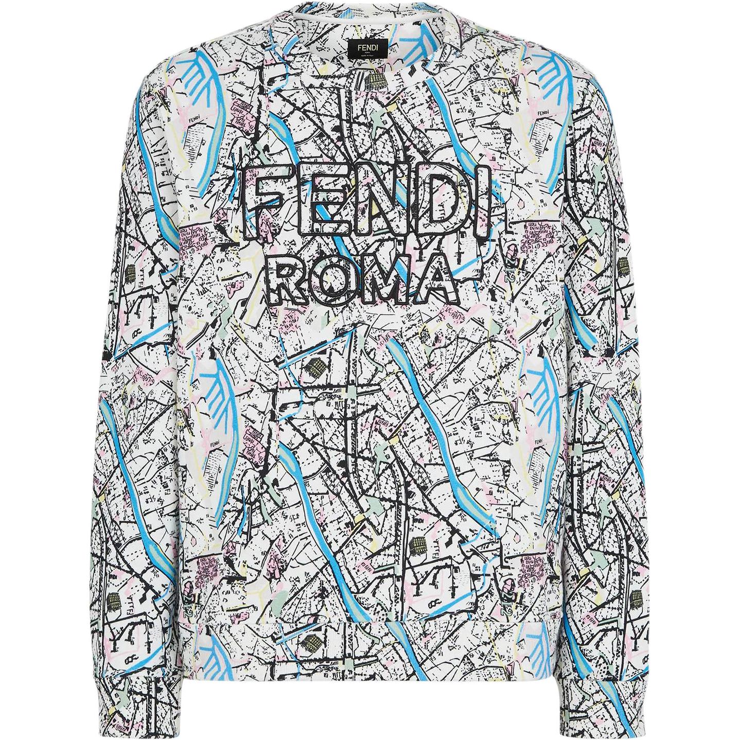 Fendi SS22 Map Print Crewneck Sweatshirt White FY0178AIL7F0WA0