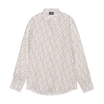 FENDI SS23 Beige Long Sleeve Shirt with All-Over Logo Print. FS0585AN0KF18DO