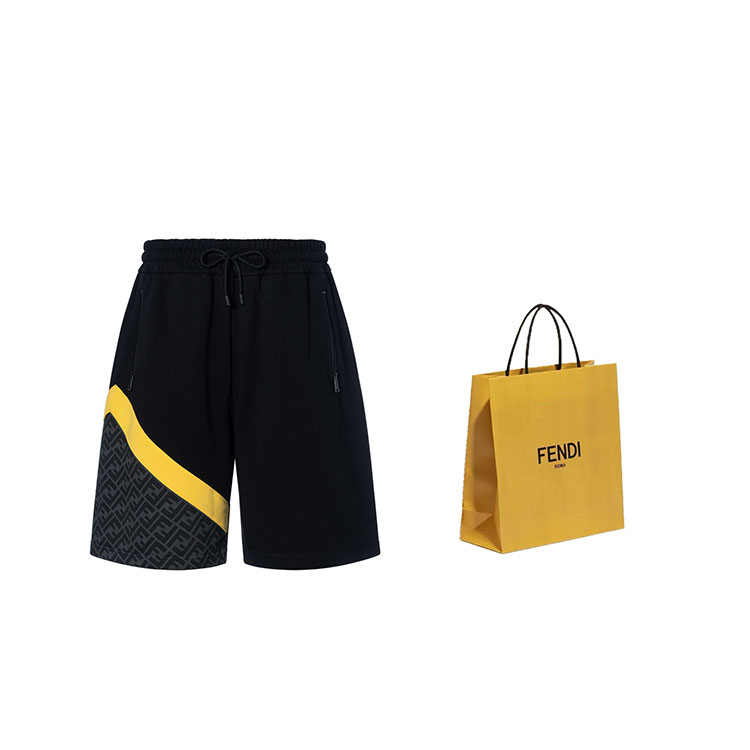 Shop FENDI SS23 黑色拼接彈性腰抽繩休閒短褲 FAB656AN67F1KRX