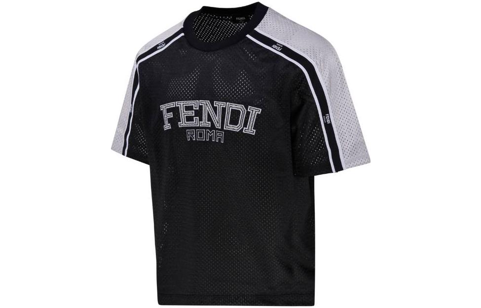 Shop FENDI SS23  Black Silver Logo Crewneck Casual T-Shirt. FAF692APC2F01I5