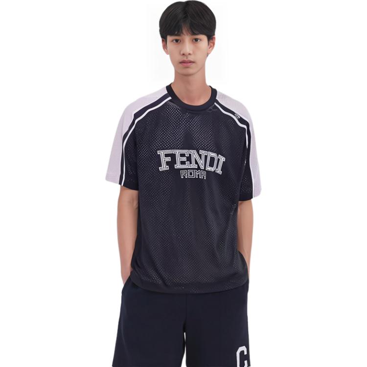 Cheap FENDI SS23  Black Silver Logo Crewneck Casual T-Shirt. FAF692APC2F01I5