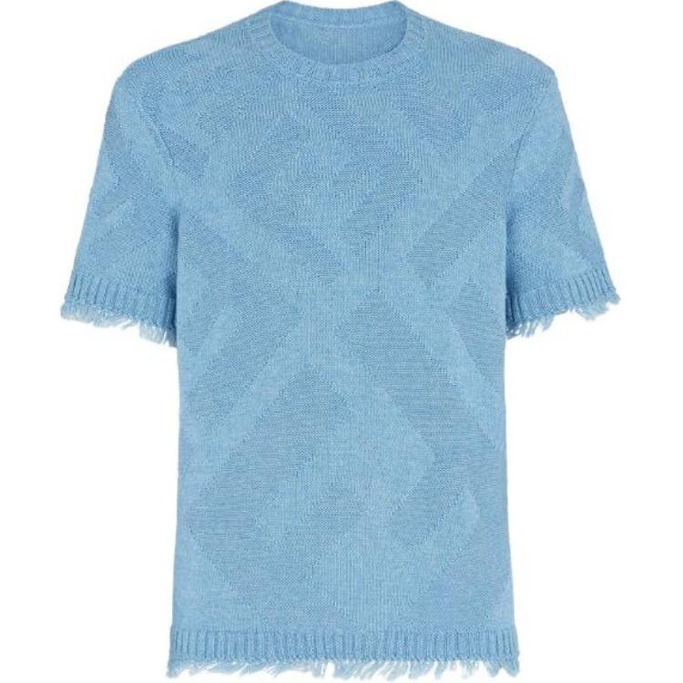 FENDI SS23  Blue Knitted Sweater with Full FF Logo Design. FZX144AN3TF0AU0