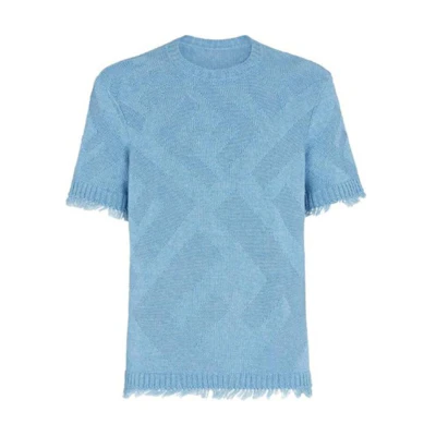 FENDI SS23 Blue Knitted Sweater with Full FF Logo Design. FZX144AN3TF0AU0