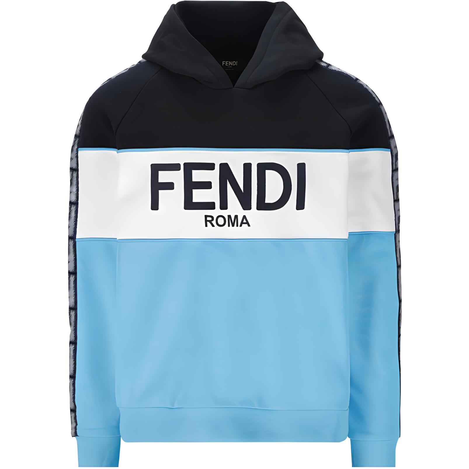 FENDI SS23  Blue Logo Embroidered Color-Block Hoodie. FAF661AN5WF1KRV
