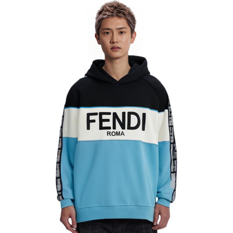 Shop FENDI SS23 蓝色标志刺绣拼色连帽衫. FAF661AN5WF1KRV