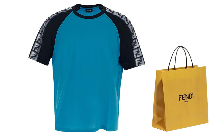 Shop 芬迪 SS23 蓝色拼接圆领短袖T恤 FAF679AN5YF1KRV
