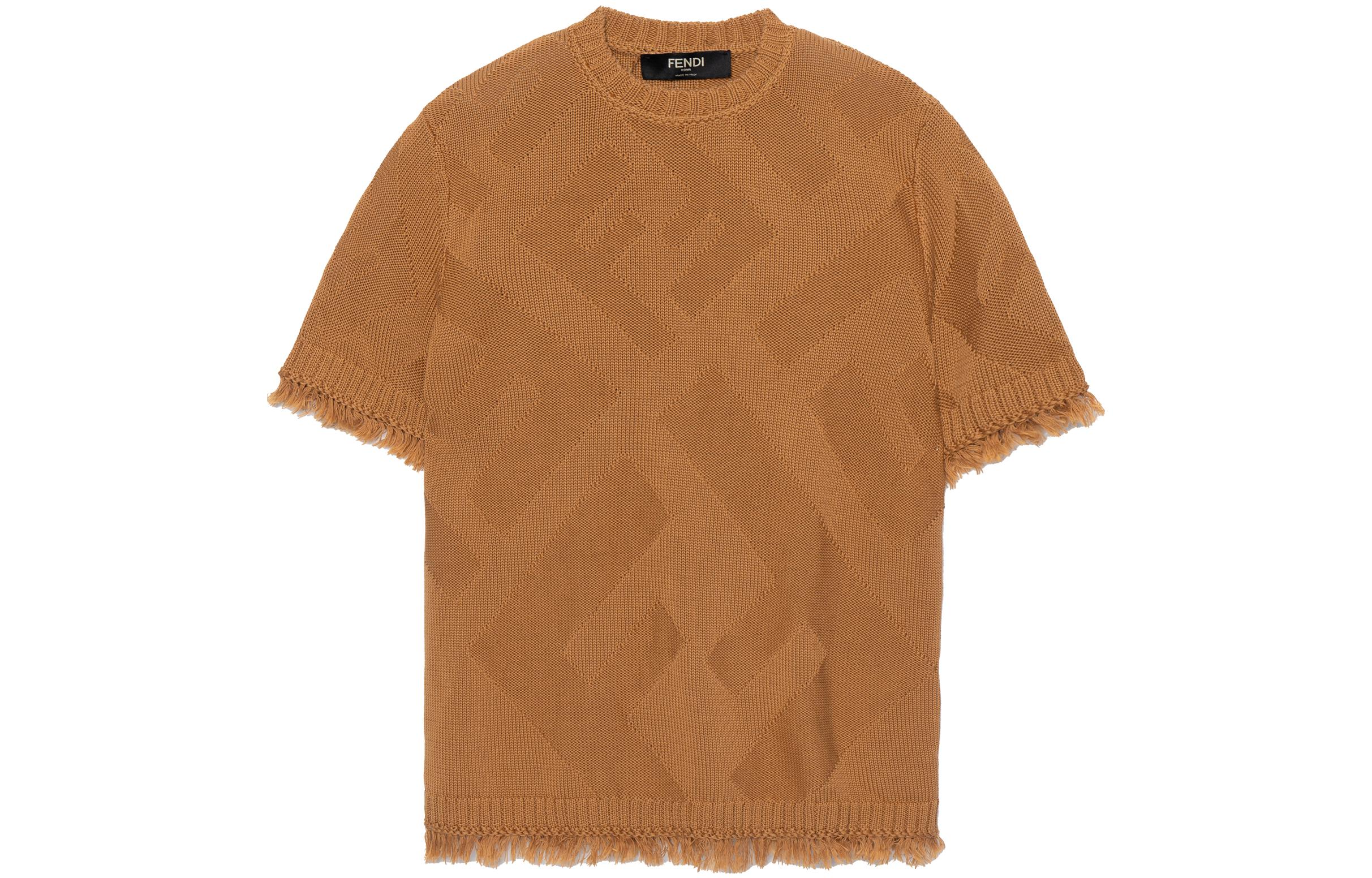 FENDI SS23  Brown Knit Sweater with All-over Logo and Fringe Detail. FZX144AN3TF1FLO