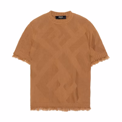 FENDI SS23 Brown Knit Sweater with All-over Logo and Fringe Detail. FZX144AN3TF1FLO