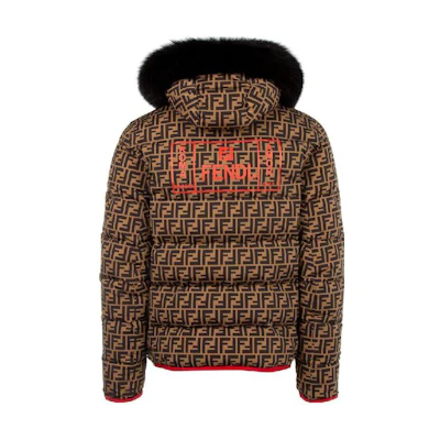 FENDI SS23 Brown Printed Long-Sleeve Hooded Down Jacket FAA642-A8JD-F13IZ
