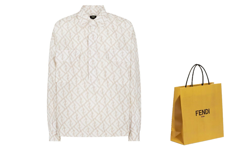 Shop FENDI SS23 几何印花长袖衬衫-米白色 FS1092AN0KF18DO