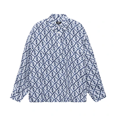 FENDI SS23 Geometric Print Button-Up Pullover Long Sleeve Shirt Blue FS1092AN0KF0V6W