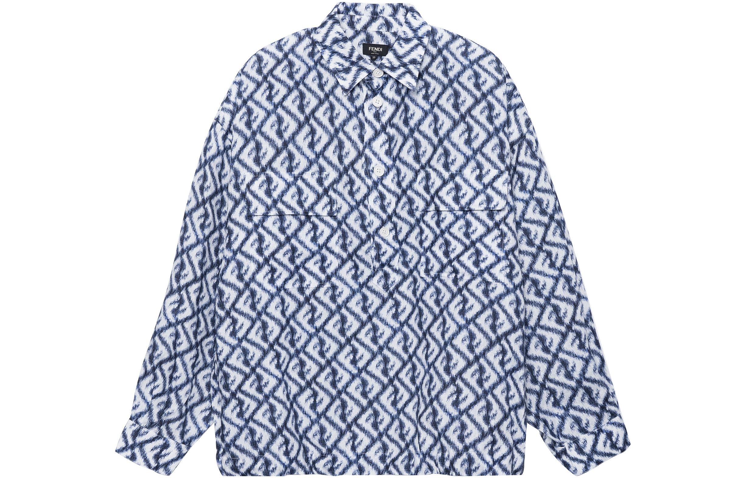Order FENDI SS23  Geometric Print Button-Up Pullover Long Sleeve Shirt Blue FS1092AN0KF0V6W