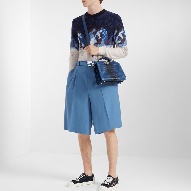 Shop 펜디 SS23 솔리드 플리츠 루즈핏 스트레이트 반바지 블루. FB0695AMYTF0QR0