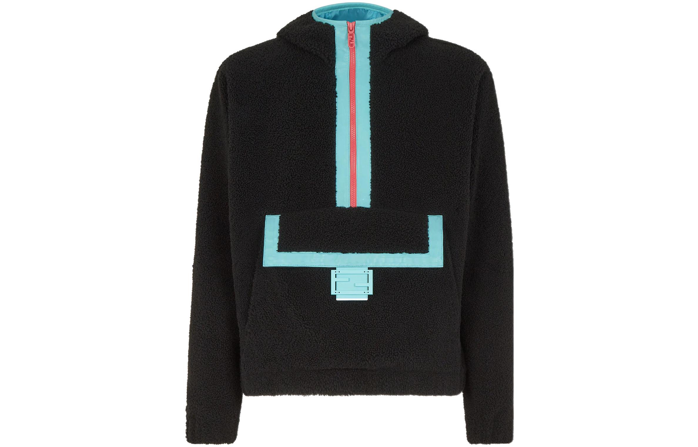 Fendi SS23 Black Color-Block Wool Teddy Half-Zip Hooded Jacket FW1214AMG8F0QA1