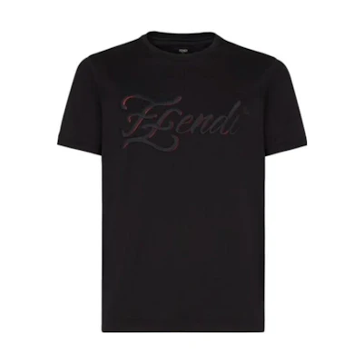 FENDI SS23 Black Plain Logo Embroidered Short Sleeve T-Shirt Men. FY0984-AHV4-F0QA1