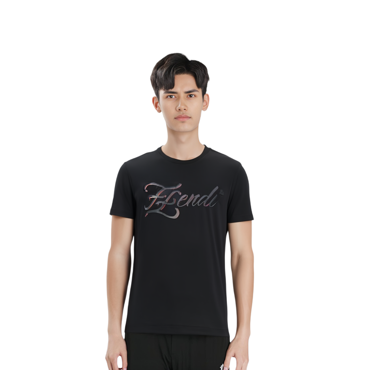 Shop FENDI SS23 黑色簡約刺繡Logo短袖T恤 男款. FY0984-AHV4-F0QA1