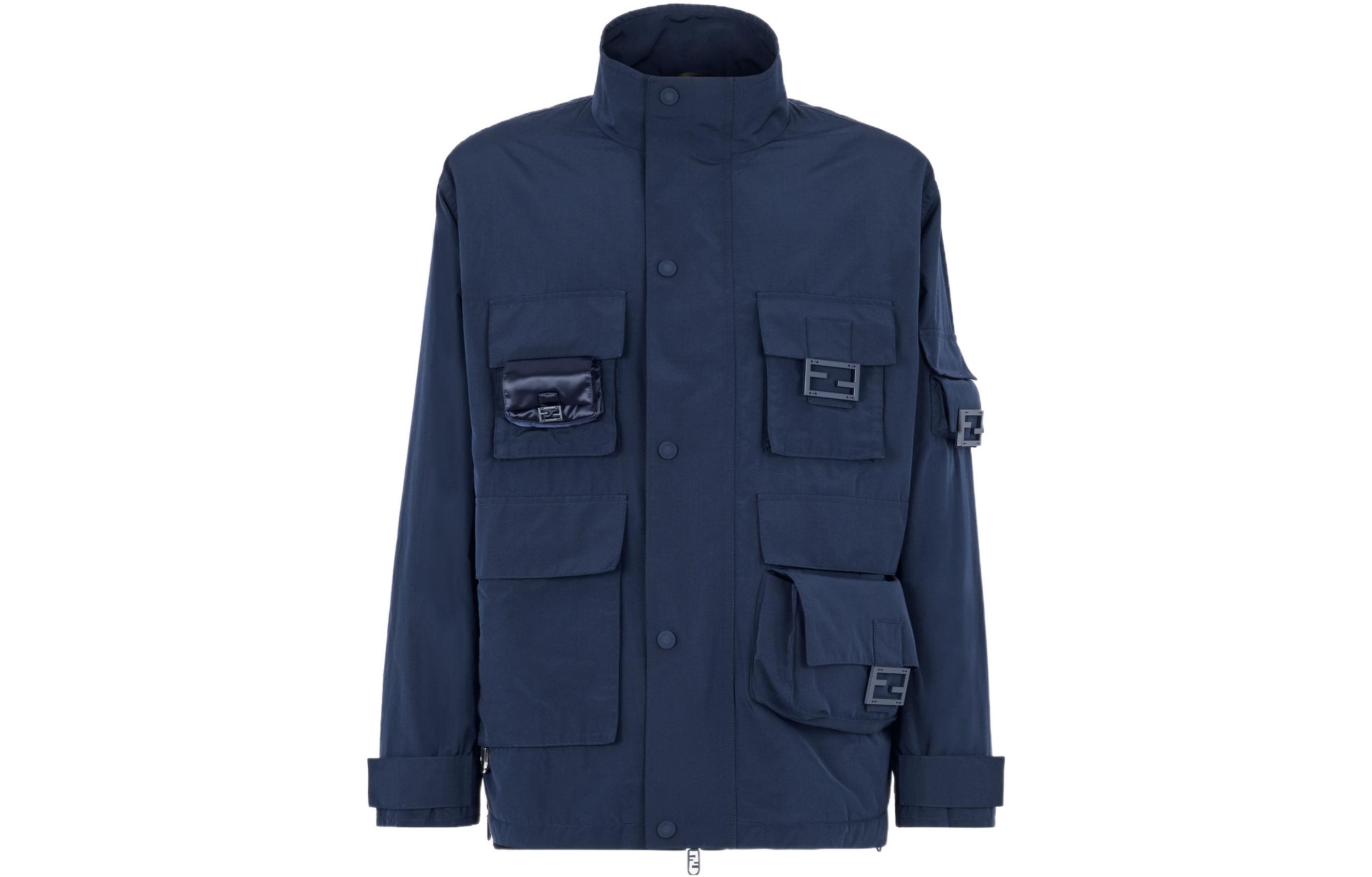 Fendi SS23 Blue High-Neck Jacket with Large Pockets and Front Button FW1213AMGHF1J79