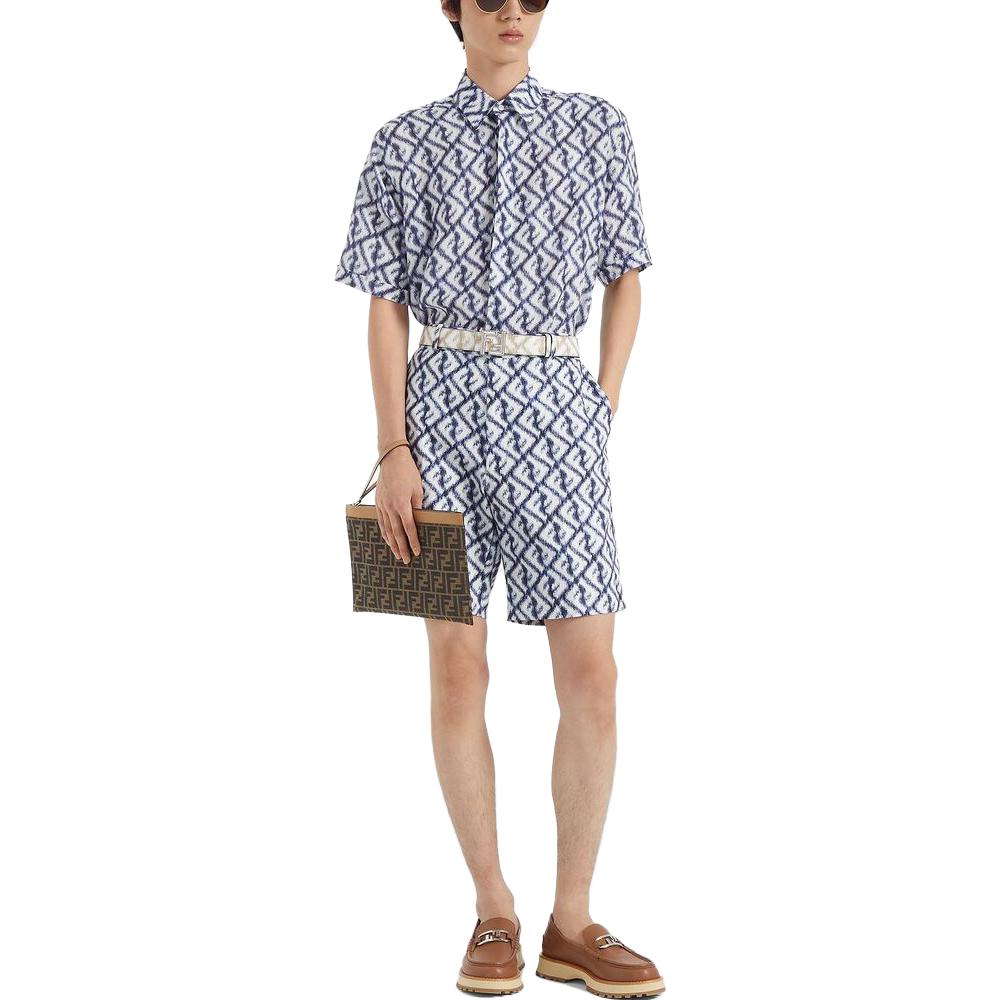 Shop 芬迪 SS23 斜纹FF印花高腰男士蓝色中裤 FB0821AN0KF0V6W