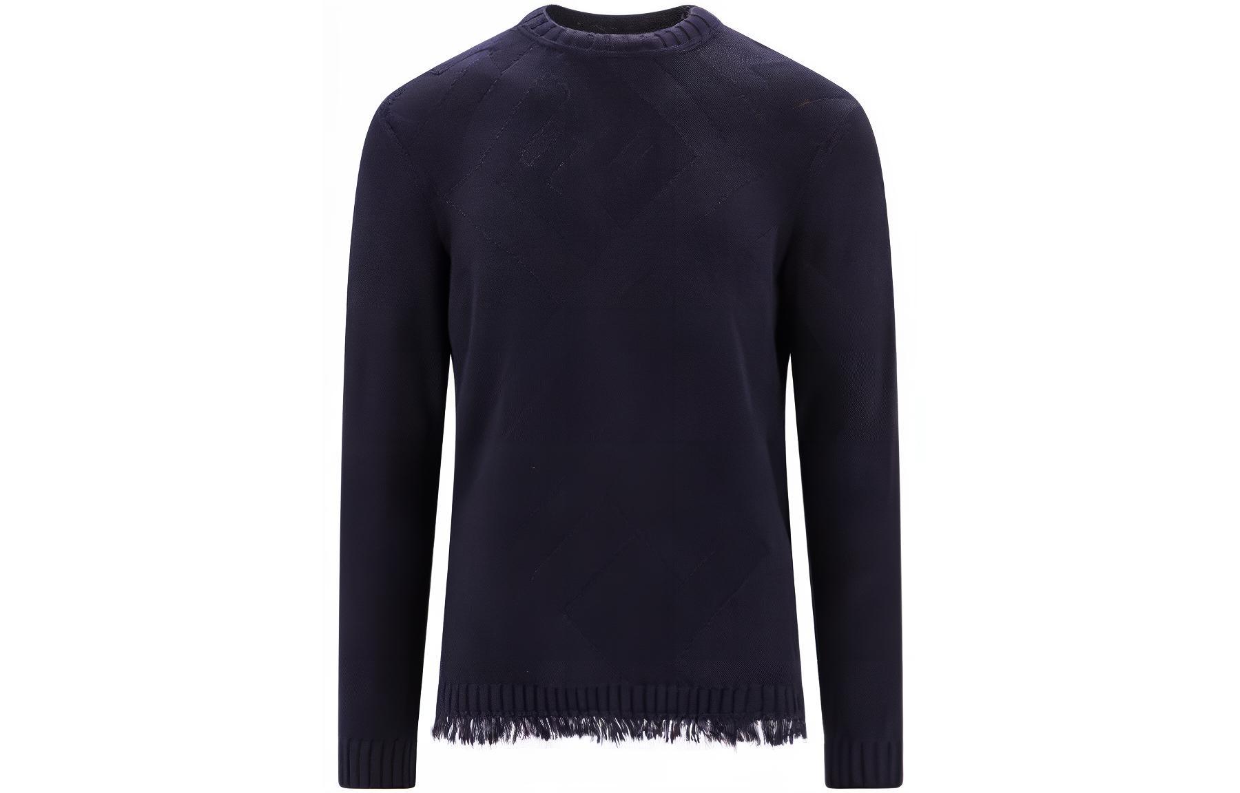 FENDI SS23 Distressed Hem Crewneck Long Sleeve Sweater Navy Blue (). FZX143AN3TF094D