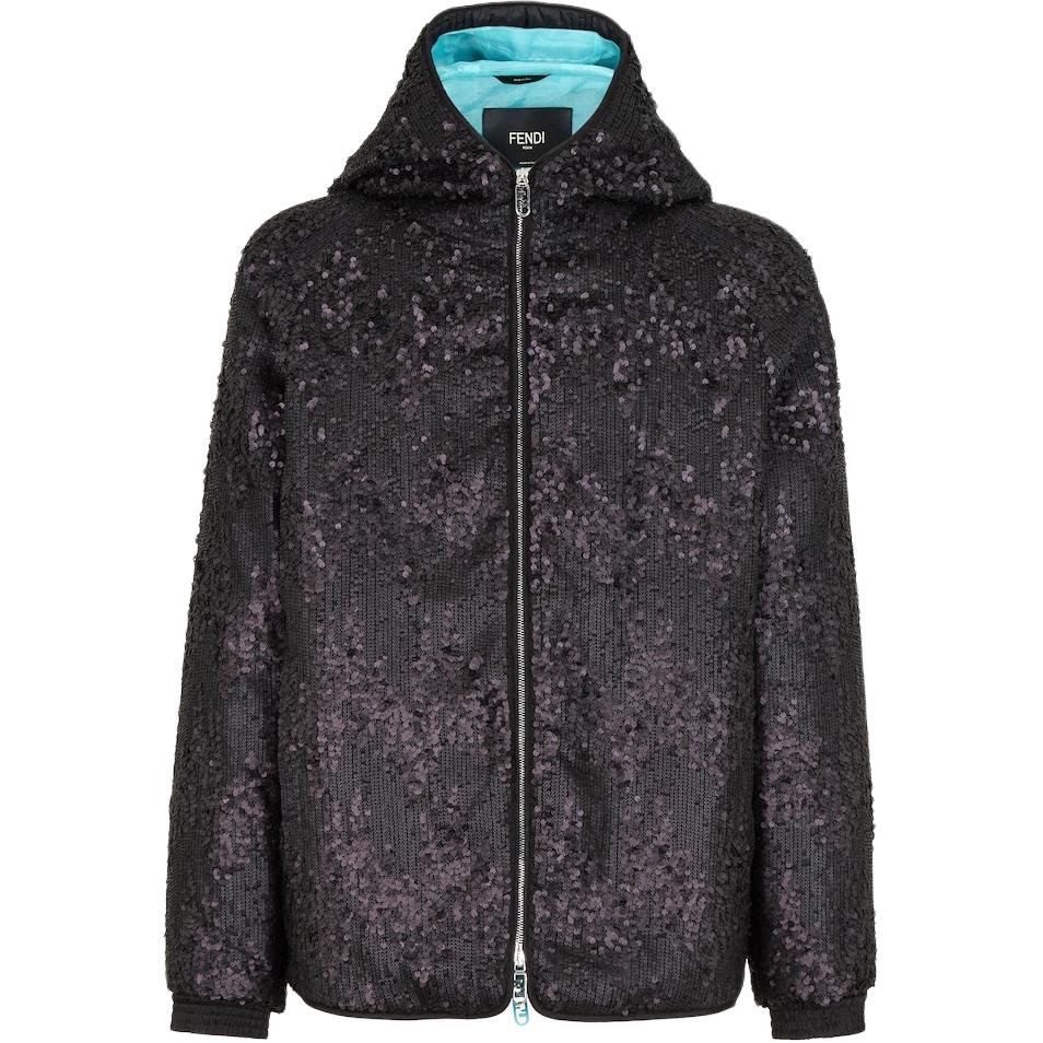 Fendi SS23 Embroidered Sequin Hooded Jacket Black FW1177AM84F0QA1