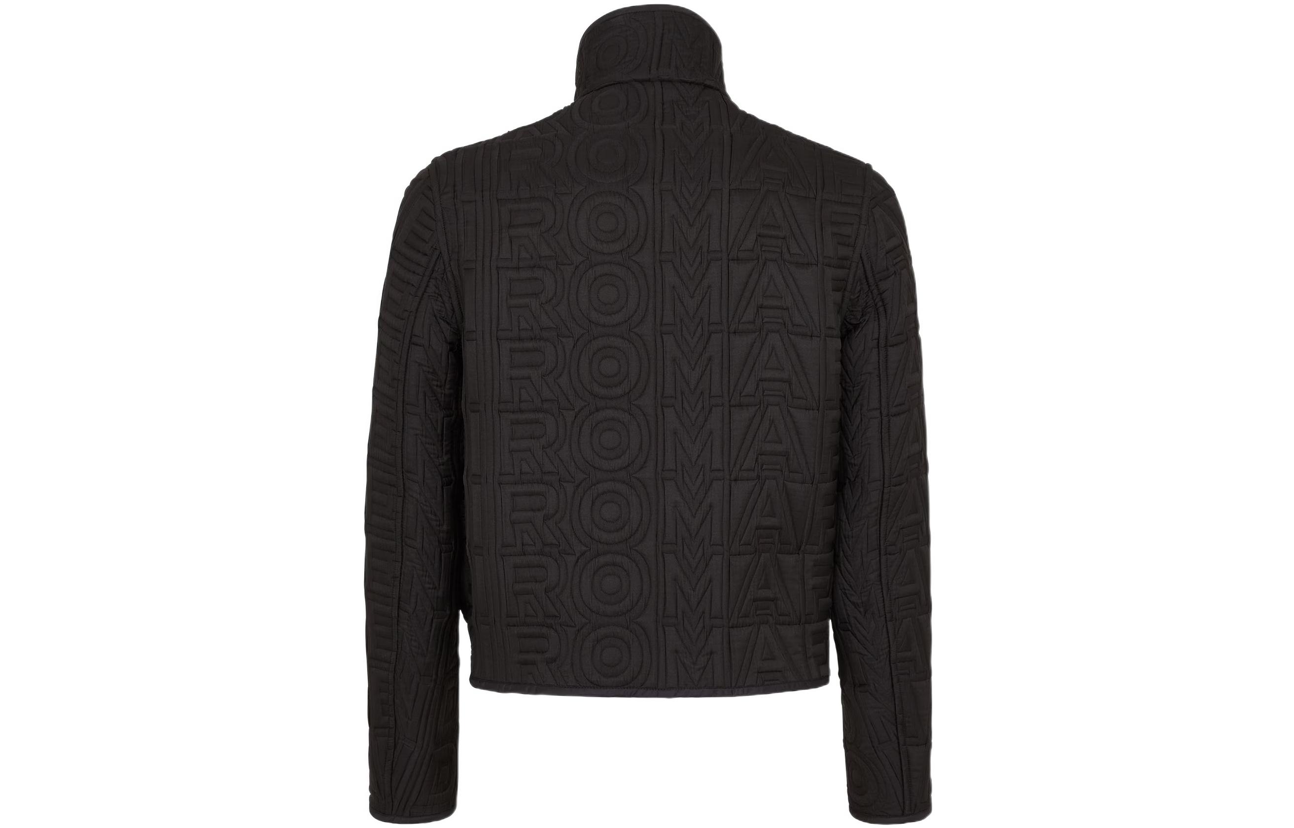 Lookbook FENDI SS23 Roma Capsule Jaket Slim Fit Logo Timbul Hitam Leher Tinggi. FW1180AM7ZF0QA1