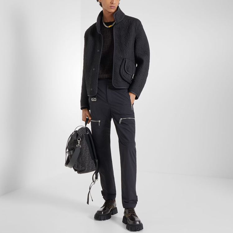 Shop FENDI SS23 Roma Capsule Jaket Slim Fit Logo Timbul Hitam Leher Tinggi. FW1180AM7ZF0QA1